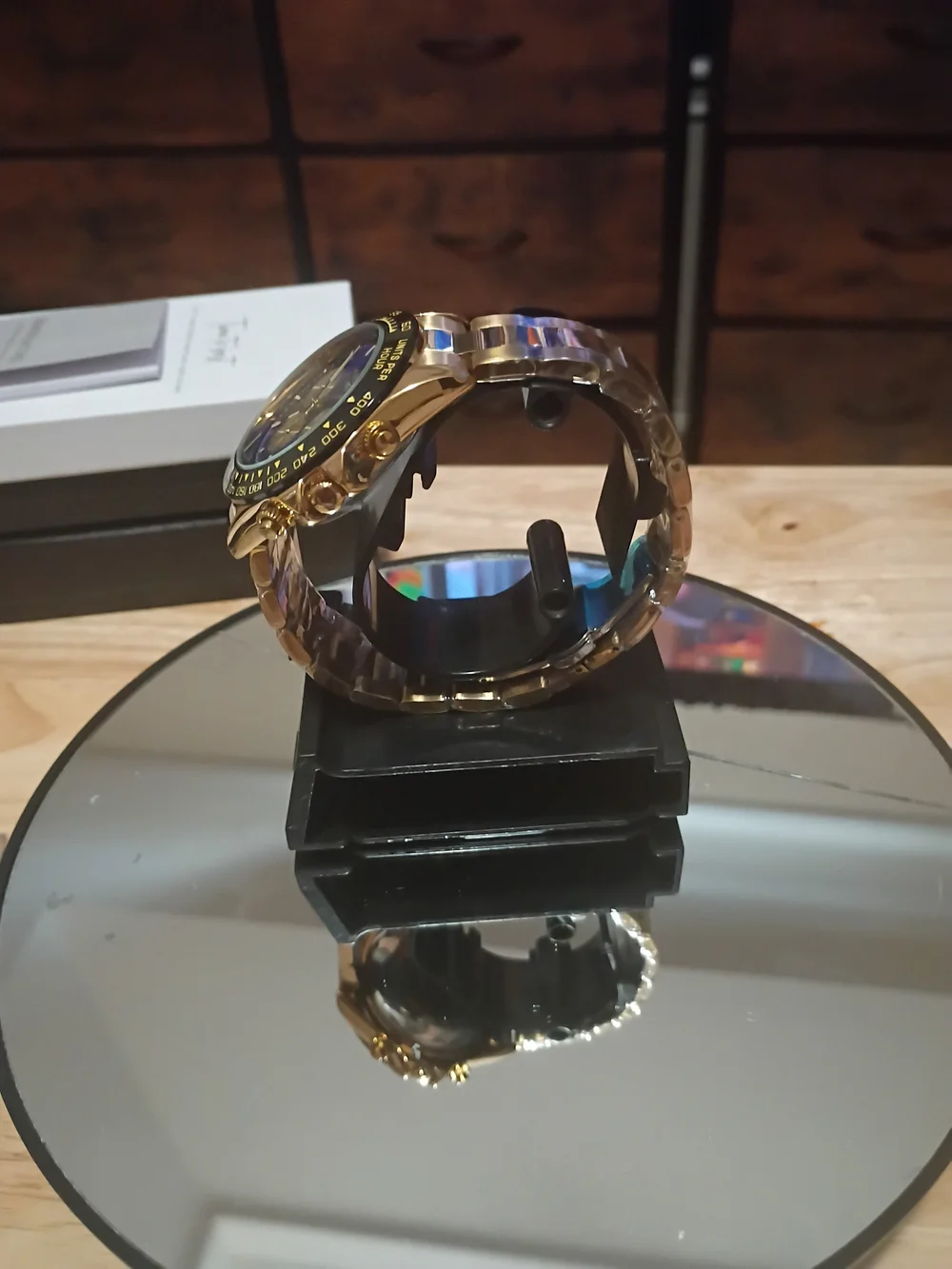 Gold Tone Chronograph Watch with Blue Dial